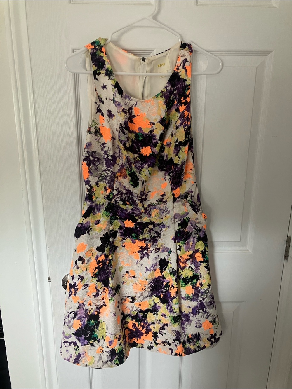 Maeve Floral Print Dress in White, Neon Orange, Purple and Green